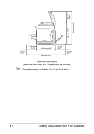 Page 17Getting Acquainted with Your Machine 1-4
The option appears shaded in the above illustrations.
Side View with Options
947 mm (37.3)100 mm 
(3.9) 430 mm (16.9)
731 mm (28.8)
160 mm 
(6.3)
238 mm 
(9.4) 493 mm (19.4)
(when the attachment and duplex option are installed)
157 mm 
(6.2)
100 mm 
(3.9)
Downloaded From ManualsPrinter.com Manuals 