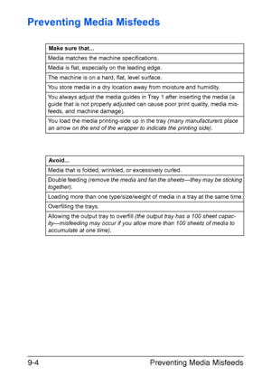 Page 215Preventing Media Misfeeds 9-4
Preventing Media Misfeeds
Make sure that...
Media matches the machine specifications.
Media is flat, especially on the leading edge.
The machine is on a hard, flat, level surface.
You store media in a dry location away from moisture and humidity.
You always adjust the media guides in Tray 1 after inserting the media (a 
guide that is not properly adjusted can cause poor print quality, media mis-
feeds, and machine damage).
You load the media printing-side up in the tray...