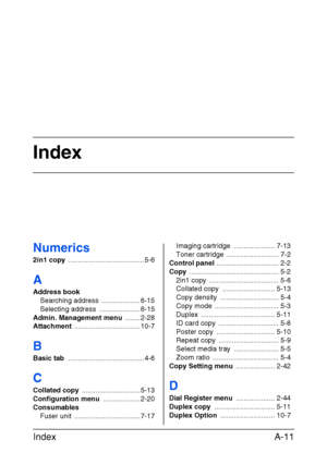 Page 282Index
Index A-11
Numerics
2in1 copy ....................................... 5-6
A
Address book
Searching address  .................... 6-15
Selecting address  ..................... 6-15
Admin. Management menu ........ 2-28
Attachment .................................. 10-7
B
Basic tab ....................................... 4-6
C
Collated copy .............................. 5-13
Configuration menu ................... 2-20
Consumables
Fuser unit  .................................. 7-17Imaging cartridge...