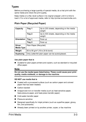 Page 84Print Media3-3 Types
Before purchasing a large quantity of special media, do a trial print with the 
same media and check the print quality.
Keep media on a flat, level surface in its original wrapper until it is time to 
load it. For a list of approved media, refer to http://printer.konicaminolta.com.
Plain Paper (Recycled Paper)
Use plain paper that is
„Suitable for plain paper printers and copiers, such as standard or recycled 
office paper.
Note
Do not use the media types listed below. These could...