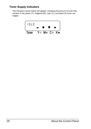 Page 42About the Control Panel 28
Toner Supply Indicators
The indicators shown below will appear, indicating the amount of toner that 
remains in the yellow (Y), magenta (M), cyan (C), and black (K) toner car-
tridges.
TonerMCK Y
IDLE
Downloaded From ManualsPrinter.com Manuals 