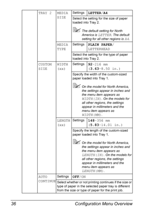 Page 50Configuration Menu Overview 36
TRAY 2 MEDIA 
SIZESettingsLETTER/A4
Select the setting for the size of paper 
loaded into Tray 2.
!The default setting for North 
America is 
LETTER. The default 
setting for all other regions is 
A4.
MEDIA 
TYPESettingsPLAIN PAPER/
LETTERHEAD
Select the setting for the type of paper 
loaded into Tray 2.
CUSTOM 
SIZEWIDTH
(xx)Settings92-216 mm 
(3.63-8.50 in.)
Specify the width of the custom-sized 
paper loaded into Tray 1.
!On the model for North America, 
the settings...