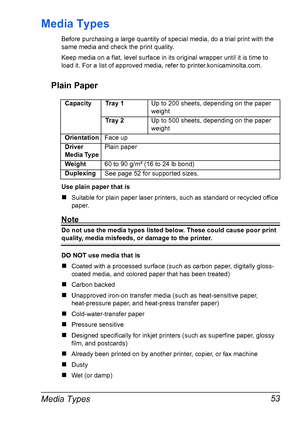 Page 67Media Types 53
Media Types
Before purchasing a large quantity of special media, do a trial print with the 
same media and check the print quality.
Keep media on a flat, level surface in its original wrapper until it is time to 
load it. For a list of approved media, refer to printer.konicaminolta.com.
Plain Paper
Use plain paper that is
#Suitable for plain paper laser printers, such as standard or recycled office 
paper.
Note
Do not use the media types listed below. These could cause poor print 
quality,...