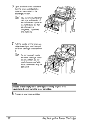 Page 146Replacing the Toner Cartridge 132
6Open the front cover and check 
that the toner cartridge to be 
replaced has rotated to the 
exchange position.
You can identify the toner 
cartridge by the color of 
the handle and by the let-
ter molded into the han-
dle: C (cyan), M 
(magenta), Y (yellow) 
and K (black).
7Pull the handle on the toner car-
tridge toward you, and then pull 
the toner cartridge up to remove 
it.
Do not manually rotate 
the toner cartridge carou-
sel. In addition, do not 
rotate the...