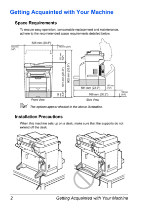 Page 16Getting Acquainted with Your Machine 2
Getting Acquainted with Your Machine
Space Requirements
To ensure easy operation, consumable replacement and maintenance, 
adhere to the recommended space requirements detailed below.
The options appear shaded in the above illustration.
Installation Precautions
When this machine sets up on a desk, make sure that the supports do not 
extend off the desk.
528 mm (20.8)
Front View Side View
138 
mm 
(5.4)
581 mm (22.9)
902 mm (35.5) 531 mm (20.9)
233 mm 
(9.2)
100 mm...