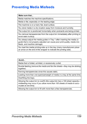 Page 173Preventing Media Misfeeds 159
Preventing Media Misfeeds
Make sure that...
Media matches the machine specifications.
Media is flat, especially on the leading edge.
The machine is on a hard, flat, level surface.
You store media in a dry location away from moisture and humidity.
The output bin is positioned horizontally when postcards are being printed.
You remove transparencies from the output bin immediately after printing to 
avoid static buildup.
You always adjust the media guides in Tray 1 after...