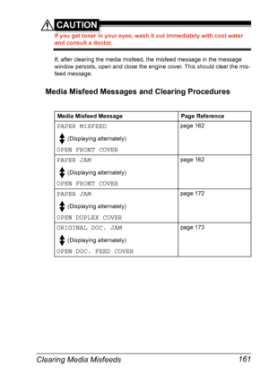 Page 175Clearing Media Misfeeds 161
CAUTION
If you get toner in your eyes, wash it out immediately with cool water 
and consult a doctor.
If, after clearing the media misfeed, the misfeed message in the message 
window persists, open and close the engine cover. This should clear the mis-
feed message. 
Media Misfeed Messages and Clearing Procedures
Media Misfeed Message Page Reference
PAPER MISFEED
(Displaying alternately)
OPEN FRONT COVER
page 162
PAPER JAM
(Displaying alternately)
OPEN FRONT COVER
page 162...