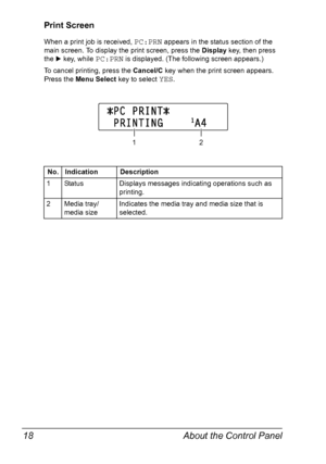 Page 32About the Control Panel 18
Print Screen
When a print job is received, PC:PRN appears in the status section of the 
main screen. To display the print screen, press the Display key, then press 
the ) key, while 
PC:PRN is displayed. (The following screen appears.)
To cancel printing, press the Cancel/C key when the print screen appears. 
Press the Menu Select key to select 
YES.
No. Indication Description
1 Status Displays messages indicating operations such as 
printing.
2Media tray/
media sizeIndicates...