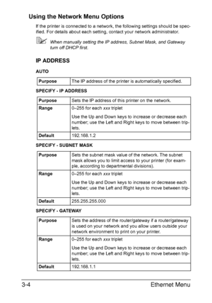 Page 113Ethernet Menu 3-4
Using the Network Menu Options
If the printer is connected to a network, the following settings should be spec-
ified. For details about each setting, contact your network administrator.
When manually setting the IP address, Subnet Mask, and Gateway 
turn off DHCP first.
IP ADDRESS
AUTO
SPECIFY - IP ADDRESS
SPECIFY - SUBNET MASK
SPECIFY - GATEWAYPurposeThe IP address of the printer is automatically specified.
PurposeSets the IP address of this printer on the network. 
Range0–255 for...