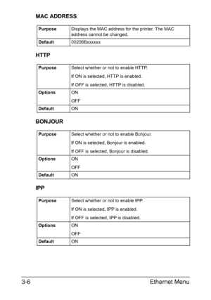 Page 115Ethernet Menu 3-6
MAC ADDRESS
HTTP
BONJOUR
IPP
PurposeDisplays the MAC address for the printer. The MAC 
address cannot be changed.
Default00206Bxxxxxx
PurposeSelect whether or not to enable HTTP. 
If ON is selected, HTTP is enabled. 
If OFF is selected, HTTP is disabled.
OptionsON
OFF
DefaultON
PurposeSelect whether or not to enable Bonjour. 
If ON is selected, Bonjour is enabled. 
If OFF is selected, Bonjour is disabled.
OptionsON
OFF
DefaultON
PurposeSelect whether or not to enable IPP.
If ON is...