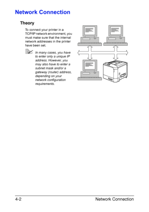 Page 119Network Connection 4-2
Network Connection
Theory
To connect your printer in a 
TCP/IP network environment, you 
must make sure that the internal 
network addresses in the printer 
have been set. 
In many cases, you have 
to enter only a unique IP 
address. However, you 
may also have to enter a 
subnet mask and/or a 
gateway (router) address, 
depending on your 
network configuration 
requirements.
Downloaded From ManualsPrinter.com Manuals 