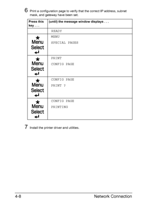 Page 125Network Connection 4-8
6Print a configuration page to verify that the correct IP address, subnet 
mask, and gateway have been set.
7Install the printer driver and utilities. Press this 
key...(until) the message window displays . . .
READY
MENU
SPECIAL PAGES
PRINT
CONFIG PAGE
CONFIG PAGE 
PRINT ?
CONFIG PAGE
PRINTING
Downloaded From ManualsPrinter.com Manuals 