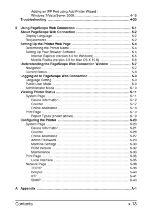 Page 14Contentsx-13
Adding an IPP Port using Add Printer Wizard - 
Windows 7/Vista/Server 2008 ............................................................. 4-15
Troubleshooting .......................................................................................... 4-20
5 Using PageScope Web Connection  ............................................................. 5-1
About PageScope Web Connection ............................................................. 5-2
Display Language...