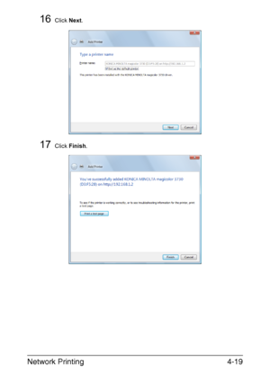 Page 136Network Printing4-19
16Click Next.
17Click Finish.
Downloaded From ManualsPrinter.com Manuals 