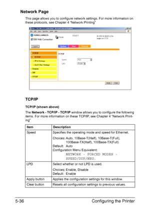 Page 173Configuring the Printer 5-36
Network Page
This page allows you to configure network settings. For more information on 
these protocols, see Chapter 4 “Network Printing”
TCP/IP
TCP/IP (shown above)
The Network - TCP/IP - TCP/IP window allows you to configure the following 
items. For more information on these TCP/IP, see Chapter 4 “Network Print-
ing”
Item Description
Speed Specifies the operating mode and speed for Ethernet.
Choices: Auto, 10Base-T(Half), 10Base-T(Full), 
100Base-TX(Half),...