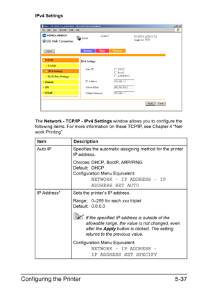 Page 174Configuring the Printer5-37
IPv4 Settings
The Network - TCP/IP - IPv4 Settings window allows you to configure the 
following items. For more information on these TCP/IP, see Chapter 4 “Net-
work Printing”
Item Description
Auto IP Specifies the automatic assigning method for the printer 
IP address.
Choices: DHCP, BootP, ARP/PING
Default: DHCP
Configuration Menu Equivalent: 
NETWORK - IP ADDRESS - IP 
ADDRESS SET AUTO
IP Address* Sets the printer’s IP address.
Range: 0–255 for each xxx triplet
Default:...