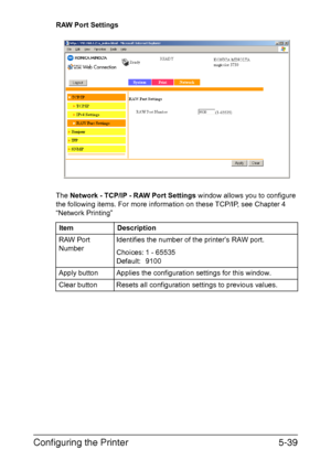 Page 176Configuring the Printer5-39
RAW Port Settings
The Network - TCP/IP - RAW Port Settings window allows you to configure 
the following items. For more information on these TCP/IP, see Chapter 4 
“Network Printing”
Item Description
RAW Port 
NumberIdentifies the number of the printer’s RAW port.
Choices: 1 - 65535
Default: 9100
Apply button Applies the configuration settings for this window.
Clear button Resets all configuration settings to previous values.
Downloaded From ManualsPrinter.com Manuals 