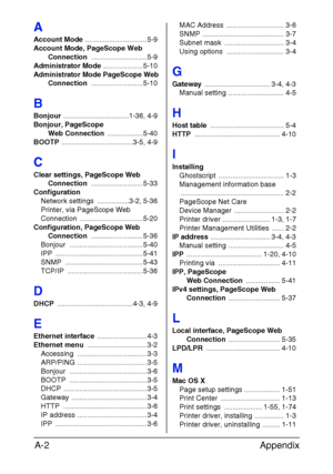 Page 183Appendix A-2
A
Account Mode ............................... 5-9
Account Mode, PageScope Web 
Connection ............................ 5-9
Administrator Mode .................... 5-10
Administrator Mode PageScope Web 
Connection .......................... 5-10
B
Bonjour .................................1-36, 4-9
Bonjour, PageScope 
Web Connection .................. 5-40
BOOTP ....................................3-5, 4-9
C
Clear settings, PageScope Web 
Connection .......................... 5-33...