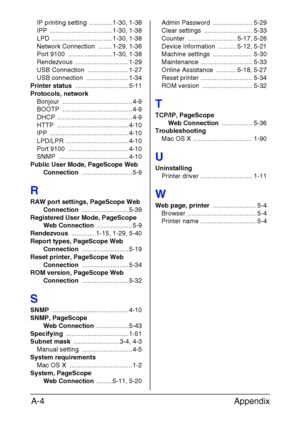 Page 185Appendix A-4
IP printing setting .............1-30, 1-38
IPP ...................................1-30, 1-38
LPD ..................................1-30, 1-38
Network Connection  ........1-29, 1-36
Port 9100  .........................1-30, 1-38
Rendezvous .............................. 1-29
USB Connection  ....................... 1-27
USB connection  ........................ 1-34
Printer status .............................. 5-11
Protocols, network
Bonjour ....................................... 4-9
BOOTP...