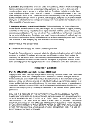 Page 7x-6
8. Limitation of Liability. In no event and under no legal theory, whether in tort (including neg-
ligence), contract, or otherwise, unless required by applicable law (such as deliberate and 
grossly negligent acts) or agreed to in writing, shall any Contributor be liable to You for dam-
ages, including any direct, indirect, special, incidental, or consequential damages of any char-
acter arising as a result of this License or out of the use or inability to use the Work (including 
but not limited to...