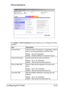 Page 164Configuring the Printer5-27
Online Assistance
The System - Online Assistance window allows you to configure the follow-
ing items.
Item Description
Contact Name Sets the name of the person or organization respon-
sible for providing assistance with the printer.
Range: Up to 63 characters
Default: KONICA MINOLTA Customer Support
Contact Information Sets the web site for printer assistance.
Range: Up to 127 characters
Default: http://printer.konicaminolta.com
Product Help URL Sets the help web site address...