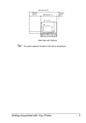 Page 17Getting Acquainted with Your Printer 3
The option appears shaded in the above illustrations.
Side View with Options
962 mm (37.9)
100 mm 
(3.9)
536 mm (21.1) 326 mm 
(12.8)
Downloaded From ManualsPrinter.com Manuals 