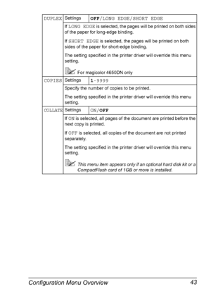 Page 57Configuration Menu Overview 43
DUPLEXSettingsOFF/LONG EDGE/SHORT EDGE
If LONG EDGE is selected, the pages will be printed on both sides 
of the paper for long-edge binding.
If 
SHORT EDGE is selected, the pages will be printed on both 
sides of the paper for short-edge binding.
The setting specified in the printer driver will override this menu 
setting.
For magicolor 4650DN only
COPIESSettings1-9999
Specify the number of copies to be printed.
The setting specified in the printer driver will override...