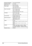 Page 252Technical Specifications 238
Operating temperature 10 to 35°C (50 to 95°F) 
Operating humidity 15 to 85%
Warm-up time  Avg. 36 seconds
Power supply 100 V, 50 to 60 Hz
120 V, 50 to 60 Hz
220 to 240 V, 50 to 60 Hz
Power consumption 100 V: 1200 W or less
120 V: 1200 W or less
230 V: 1200 W or less
Energy Saver Mode: 16 W or less
Amperage 100 V: 12.5 A or less
120 V: 10.5 A or less
220 to 240 V: 5.5 A or less
Acoustic Noise Printing: 52 dB or less
Standby: 39 dB or less
External dimensions Height: 385 mm...