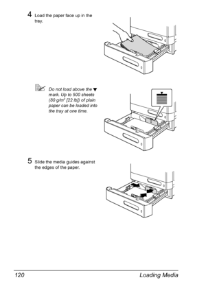 Page 134Loading Media 120
4Load the paper face up in the 
tray.
Do not load above the  
mark. Up to 500 sheets 
(80 g/m
2 [22 lb]) of plain 
paper can be loaded into 
the tray at one time.
5Slide the media guides against 
the edges of the paper.
Downloaded From ManualsPrinter.com Manuals 