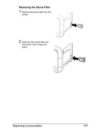 Page 161Replacing Consumables 147
Replacing the Ozone Filter
1Remove the ozone filter from the 
printer.
2Slide the new ozone filter into 
the printer until it snaps into 
place.
Downloaded From ManualsPrinter.com Manuals 