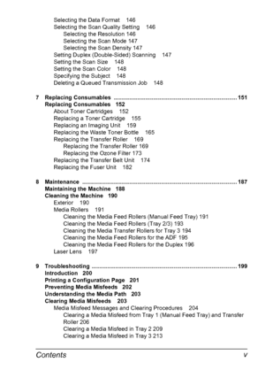 Page 11Contents v
Selecting the Data Format 146
Selecting the Scan Quality Setting 146
Selecting the Resolution 146
Selecting the Scan Mode 147
Selecting the Scan Density 147
Setting Duplex (Double-Sided) Scanning 147
Setting the Scan Size 148
Setting the Scan Color 148
Specifying the Subject 148
Deleting a Queued Transmission Job 148
7 Replacing Consumables .............................................................................. 151
Replacing Consumables 152
About Toner Cartridges 152
Replacing a Toner...