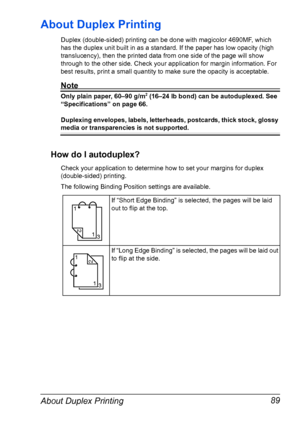 Page 101About Duplex Printing 89
About Duplex Printing
Duplex (double-sided) printing can be done with magicolor 4690MF, which 
has the duplex unit built in as a standard. If the paper has low opacity (high 
translucency), then the printed data from one side of the page will show 
through to the other side. Check your application for margin information. For 
best results, print a small quantity to make sure the opacity is acceptable.
Note
Only plain paper, 60–90 g/m2 (16–24 lb bond) can be autoduplexed. See...