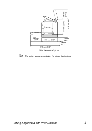 Page 15Getting Acquainted with Your Machine 3
The option appears shaded in the above illustrations.
Side View with Options
1016 mm (40.0)100 mm 
(3.9) 590 mm (28.2)
1018 mm (40.1)
111 mm 
(4.4) 326 mm 
(12.8)
329 mm 
(13.0) 578 mm (22.8)
Downloaded From ManualsPrinter.com Manuals 