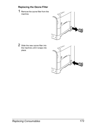 Page 185Replacing Consumables 173
Replacing the Ozone Filter
1Remove the ozone filter from the 
machine.
2Slide the new ozone filter into 
the machine until it snaps into 
place.
Downloaded From ManualsPrinter.com Manuals 