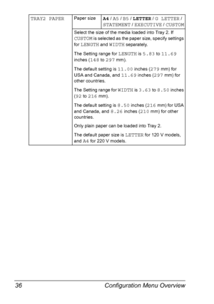 Page 48Configuration Menu Overview 36
TRAY2 PAPERPaper sizeA4 / A5 / B5 / LETTER / G LETTER / 
STATEMENT / EXECUTIVE / CUSTOM
Select the size of the media loaded into Tray 2. If 
CUSTOM is selected as the paper size, specify settings 
for 
LENGTH and WIDTH separately.
The Setting range for 
LENGTH is 5.83 to 11.69 
inches (
148 to 297 mm).
The default setting is 
11.00 inches (279 mm) for 
USA and Canada, and 
11.69 inches (297 mm) for 
other countries.
The Setting range for 
WIDTH is 3.63 to 8.50 inches 
(
92...