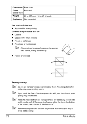 Page 84Print Media 72
Use postcards that are
„Approved for laser printing
DO NOT use postcards that are
„Coated
„Designed for inkjet printers
„Precut or perforated
„Preprinted or multicolored
If the postcard is warped, press on the warped 
area before putting it in the tray.
„Folded or wrinkled
Transparency
Do not fan transparencies before loading them. Resulting static elec-
tricity may cause printing errors.
If you touch the face of the transparencies with your bare hands, print 
quality may be affected....