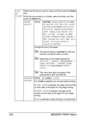 Page 118MEMORY PRINT Menu 104
.
LIST 
OF 
FILESSelect the file that you wish to output, and then press the Select 
key.
If the file to be printed is in a folder, select the folder, and then 
press the Select key.
PAPER 
SELECTSettingLETTER/LEGAL/EXECUTIVE/A4/
A5/A6/B5(JIS)/B6(JIS)/GOVT 
LETTER/STATEMENT/FOLIO/SP 
FOLIO/UK QUARTO/FOOLSCAP/
GOVT LEGAL/16K/PHOTO 4×6/
KAI 16/KAI 32/ENV C6/ENV 
DL/ENV MONARCH/ENV CHOU#3/
ENV CHOU#4/B5(ISO)/ENV #10/
JPOST 100×148/JPOST-D 
148×200/CUSTOM
Change the size of the paper....