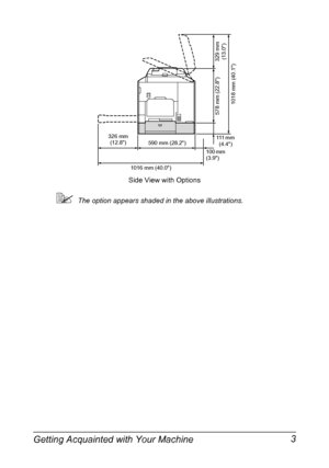 Page 17Getting Acquainted with Your Machine 3
The option appears shaded in the above illustrations.
Side View with Options
1016 mm (40.0)100 mm 
(3.9) 590 mm (28.2)
1018 mm (40.1)
111 mm 
(4.4) 326 mm 
(12.8)
329 mm 
(13.0) 578 mm (22.8)
Downloaded From ManualsPrinter.com Manuals 