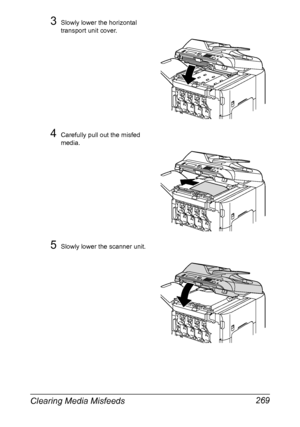 Page 283Clearing Media Misfeeds 269
3Slowly lower the horizontal 
transport unit cover.
4Carefully pull out the misfed 
media.
5Slowly lower the scanner unit.
Downloaded From ManualsPrinter.com Manuals 