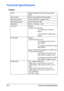 Page 273Technical Specifications A-2
Technical Specifications
Printer
Type Desktop Tandem Full Color A4 laser beam 
printer
Print system Electro photographic Printing System 
Exposure system 4 laser diode and 1 polygon mirror
Developing system Mono-component SMT
Resolution 600 dpi × 600 dpi × 3 bits
First print Simplex 
Monochrome/Full color:
12.9 seconds for A4 (plain 
paper)
12.8 seconds for Letter (plain 
paper)
Print speed Simplex 
Monochrome/Full color:
30.0 page per minutes for A4 
(plain paper)
31.6 page...