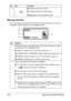 Page 47About the Control Panel 4-4
Message Window
The current status of the printer, the amount of toner remaining, and any error 
messages can be viewed from the message window.6„Moves the cursor to the left
„Displays the previous help screen
„appears in the message window
No. Details
1 The printer status is indicated by the color of the indicator and light-
ing/flashing of the message window.
„READY: Indicator lit up in blue and window lit up
„PROCESSING or PRINTING: Indicator flashing and window lit up...