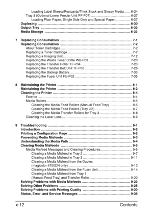 Page 13Contents x-12
Loading Label Sheets/Postcards/Thick Stock and Glossy Media ....... 6-24
Tray 3 (Optional Lower Feeder Unit PF-P07) ........................................... 6-27
Loading Plain Paper, Single Side Only and Special Paper................. 6-27
Duplexing ..................................................................................................... 6-30
Output Tray  .................................................................................................. 6-32
Media Storage...