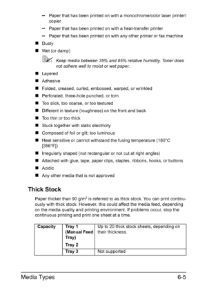 Page 124Media Types6-5
–Paper that has been printed on with a monochrome/color laser printer/
copier
–Paper that has been printed on with a heat-transfer printer
–Paper that has been printed on with any other printer or fax machine
„Dusty
„Wet (or damp)
Keep media between 35% and 85% relative humidity. Toner does 
not adhere well to moist or wet paper.
„Layered 
„Adhesive
„Folded, creased, curled, embossed, warped, or wrinkled
„Perforated, three-hole punched, or torn 
„Too slick, too coarse, or too textured...