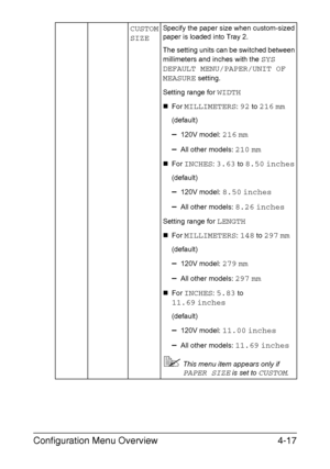 Page 60Configuration Menu Overview4-17
CUSTOM 
SIZESpecify the paper size when custom-sized 
paper is loaded into Tray 2.
The setting units can be switched between 
millimeters and inches with the 
SYS 
DEFAULT MENU/PAPER/UNIT OF 
MEASURE
 setting.
Setting range for 
WIDTH
„For MILLIMETERS: 92 to 216 mm
(default)
–120V model: 216 mm
–All other models: 210 mm
„For INCHES: 3.63 to 8.50 inches
(default)
–120V model: 8.50 inches
–All other models: 8.26 inches
Setting range for LENGTH
„For MILLIMETERS: 148 to 297...