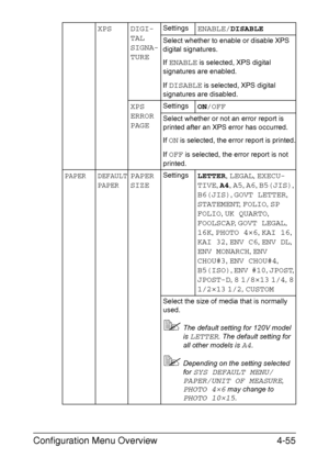 Page 98Configuration Menu Overview4-55
XPS DIGI-
TAL
SIGNA-
TURESettingsENABLE/DISABLE
Select whether to enable or disable XPS 
digital signatures.
If 
ENABLE is selected, XPS digital 
signatures are enabled.
If 
DISABLE is selected, XPS digital 
signatures are disabled.
XPS 
ERROR 
PAGESettingsON/OFF
Select whether or not an error report is 
printed after an XPS error has occurred.
If 
ON is selected, the error report is printed.
If 
OFF is selected, the error report is not 
printed.
PAPER DEFAULT 
PAPERPAPER...