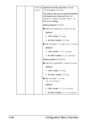 Page 99Configuration Menu Overview 4-56
CUSTOM 
SIZESpecify the media size when PAPER 
SIZE
 is set to CUSTOM.
The setting units can be switched between 
millimeters and inches with the 
SYS 
DEFAULT MENU/PAPER/UNIT OF 
MEASURE
 setting.
Setting range for 
WIDTH
„For MILLIMETERS: 92 to 216 mm
(default)
–120V model: 216 mm
–All other models: 210 mm
„For INCHES: 3.63 to 8.50 inches
(default)
–120V model: 8.50 inches
–All other models: 8.26 inches
Setting range for LENGTH
„For MILLIMETERS: 148 to 356 mm
(default)...