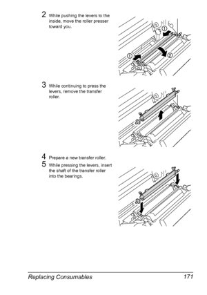 Page 185Replacing Consumables 171
2While pushing the levers to the 
inside, move the roller presser 
toward you. 
3While continuing to press the 
levers, remove the transfer 
roller.
4Prepare a new transfer roller.
5While pressing the levers, insert 
the shaft of the transfer roller 
into the bearings.
Downloaded From ManualsPrinter.com Manuals 