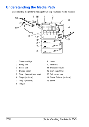 Page 214Understanding the Media Path 200
Understanding the Media Path
Understanding the printer’s media path will help you locate media misfeeds
1 Toner cartridge 9 Laser
2 Relay unit 10 Print unit
3 Fuser unit 11 Transfer belt unit
4 Duplex option 12 Main output tray
5 Tray 1 (Manual feed tray) 13 Sub output tray
6 Tray 4 (optional) 14 Staple Finisher (optional)
7 Tray 3 (optional) 15 Staple
8 Tray 2
3
21151413
12
1110
9
5
4
8
7
6
Downloaded From ManualsPrinter.com Manuals 