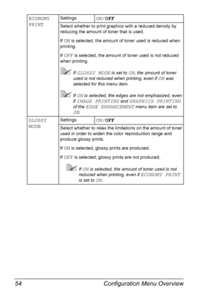 Page 68Configuration Menu Overview 54
ECONOMY 
PRINTSettingsON/OFF
Select whether to print graphics with a reduced density by 
reducing the amount of toner that is used.
If 
ON is selected, the amount of toner used is reduced when 
printing.
If 
OFF is selected, the amount of toner used is not reduced 
when printing.
If GLOSSY MODE is set to ON, the amount of toner 
used is not reduced when printing, even if 
ON was 
selected for this menu item.
If ON is selected, the edges are not emphasized, even 
if 
IMAGE...