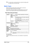 Page 123Media Types 109
For custom sizes, use the printer driver to specify the settings within 
the ranges shown in the above table.
Media Types
Before purchasing a large quantity of special media, do a trial print 
with the same media and check the print quality.
Keep media on a flat, level surface in its original wrapper until it is time to 
load it. For a list of approved media, refer to printer.konicaminolta.com.
Plain Paper (Recycled Paper)
Use media that is
Suitable for plain paper laser printers, such...